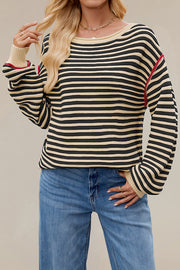 Striped Knit Loose-fitting Crew Neck Long-sleeved Casual Sweater