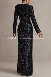 My Dream Sequin Square Neck Long Sleeves Slit Maxi Dress