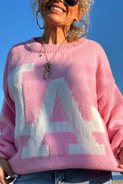 Letter Pattern Crew Neck Long Sleeve Loose Knit Sweater
