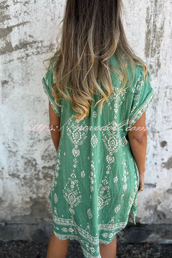 Linen Blend Unique Print Lapel Casual Pocket Mini Dress