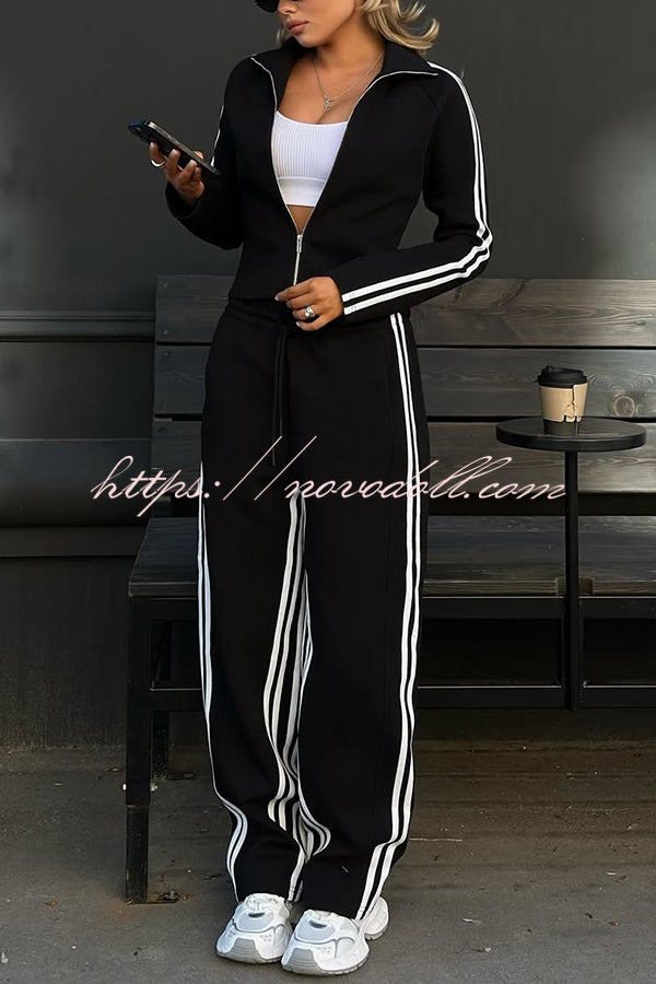 Fashionable Sports Style Striped Long-sleeved Jacket and Elastic Waist Casual Pants Set