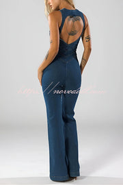 Fashionable Heart Hollow Back Slim High Waist Flared Denim Jumpsuit