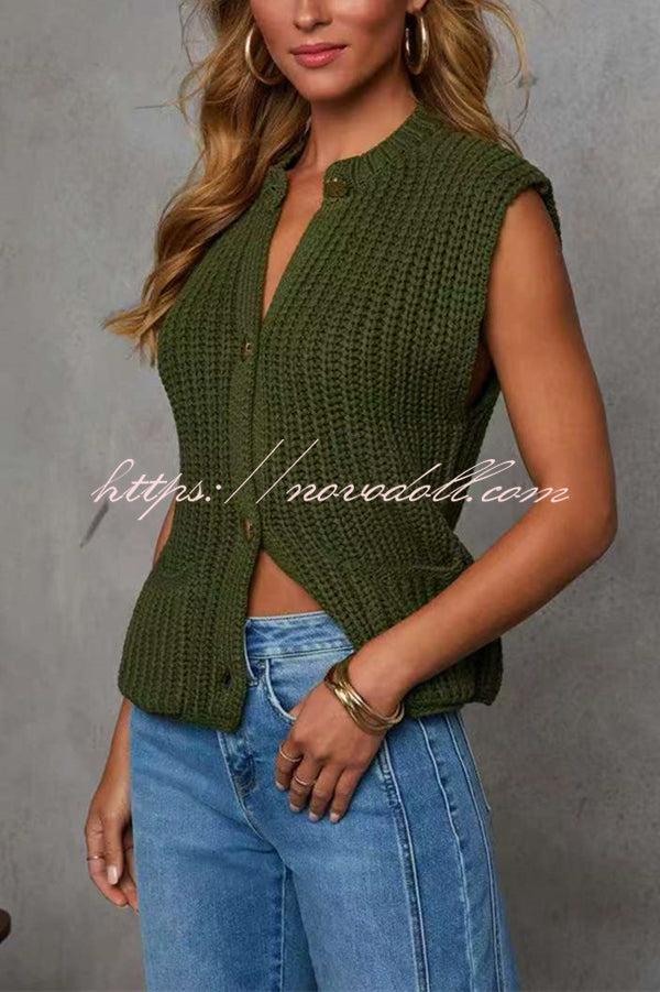 Solid Color Sleeveless Button Pocket Knit Vest