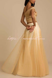 Romance Factor Satin Patchwork Tulle High Rise Elastic Waist A-line Maxi Skirt