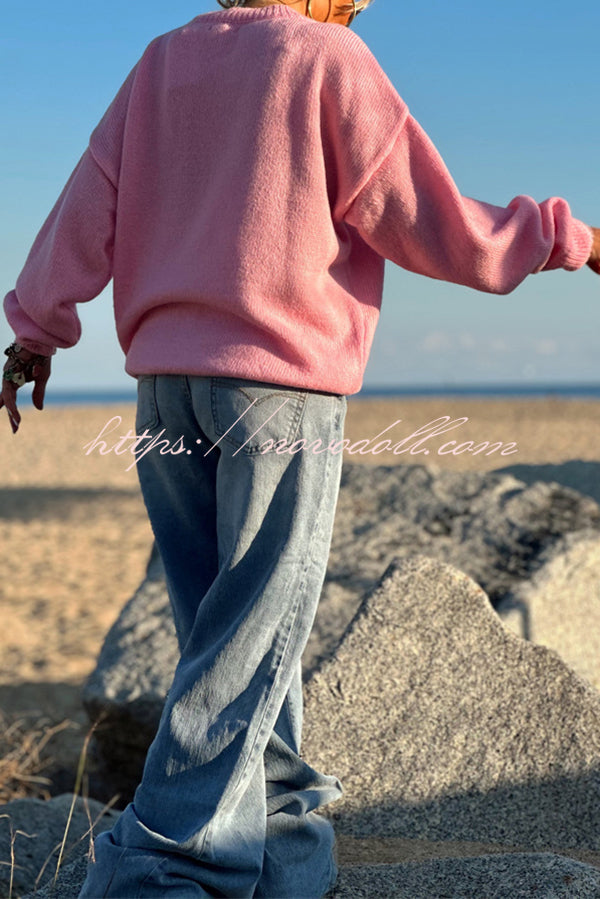 Letter Pattern Crew Neck Long Sleeve Loose Knit Sweater