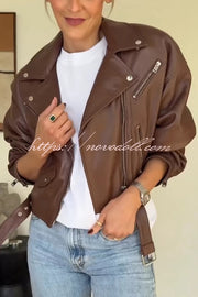 Fashion Lapel Long Sleeve Casual Zipper Pocket Leather Jacket