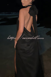 Floral Embellished Satin Halterneck Backless Resort Maxi Dress