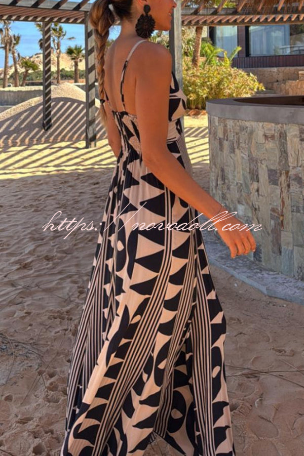 Sabine Geometric Print V-Neck Back Smocked A-line Maxi Dress