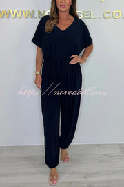 Solid Color V-neck Short-sleeved Waist-tied Loose Casual Jumpsuit