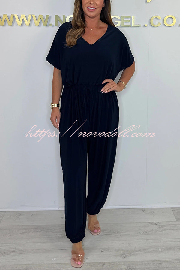 Solid Color V-neck Short-sleeved Waist-tied Loose Casual Jumpsuit
