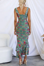 Styled To Perfection Floral Ruched Mesh Overlay Ruffle Hem Maxi Dress