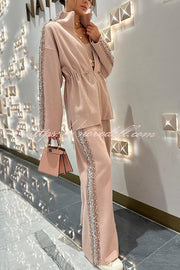 Edan Textured Knit Sequin Patchwork Drawstring Zipper Sweatshirt and Stretch Wide Leg Pants Set