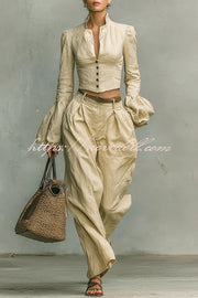 Linen-blend Long-sleeved Button-down Top and Relaxed-pocket Wide-leg Pants Set
