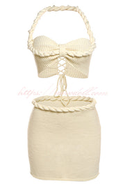 Sexy Halterneck Pearl-embellished Lace-up Tank and Fitted Knit Mini Skirt Set