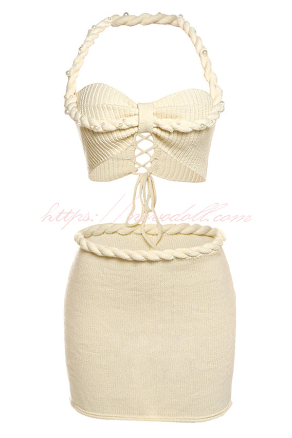 Sexy Halterneck Pearl-embellished Lace-up Tank and Fitted Knit Mini Skirt Set