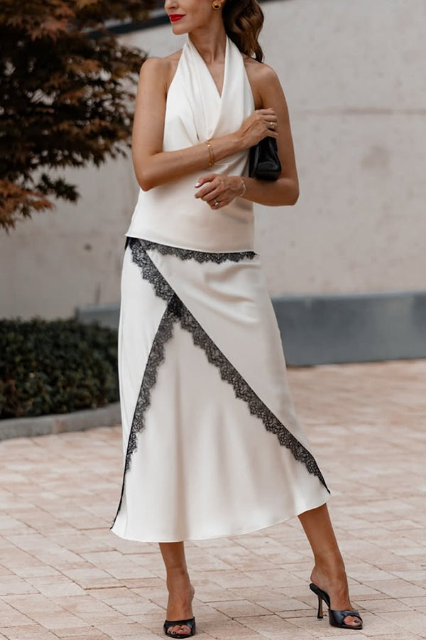 Iriena Satin Lace Trim Cowl Halter Neck Tank and Mid Rise Midi Skirt Set