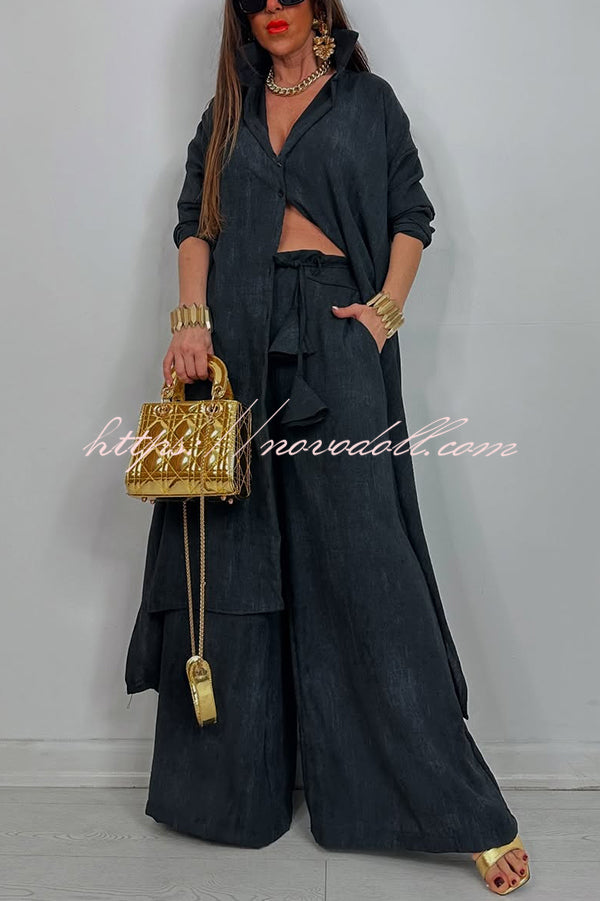 Solid Color Casual Loose Long Shirt and Elastic Waist Pocket Wide Leg Pants Set