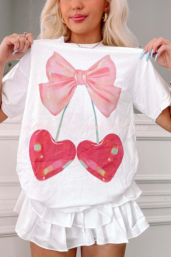 Cherry Bow Print Loose Casual Short Sleeve T-shirt