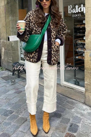 Warm Feel Colorblock Leopard Print Plush Button Up Pocketed Teddy Jacket