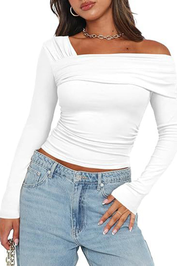 Pleated One Shoulder Pullover Long Sleeved Top