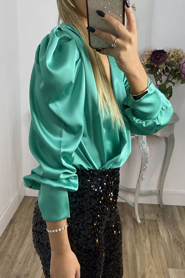 Perfectly Adored Satin Crossover Neckline Puff Sleeve Blouse