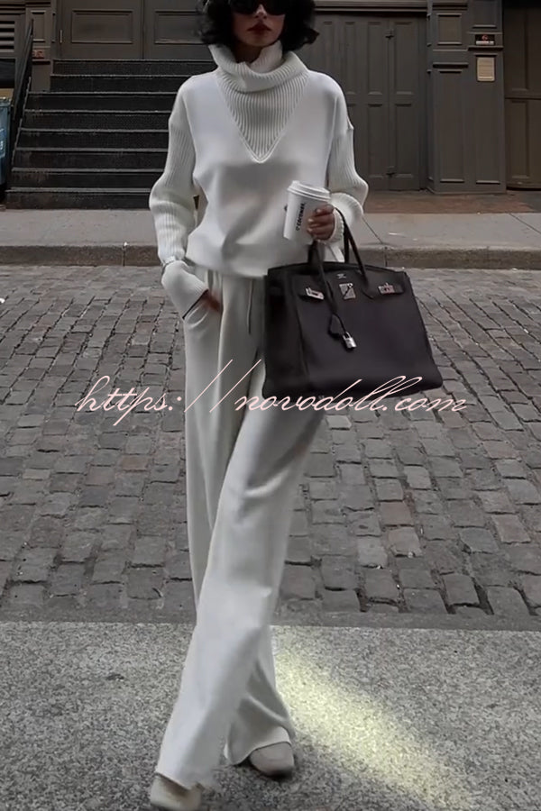 Morning Coffee Walks Ribbed Turtleneck Long Sleeve Sweatshirt and Elastic Waist Pocketed Loose Pants Set