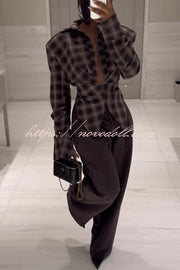 Vintage Plaid Shoulder Pad Buttons Long Sleeve Angled Hem Shirt