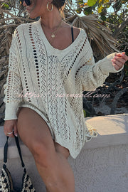 Fashion Hollow Long Sleeve Loose Drawstring Knitted Cover-ups