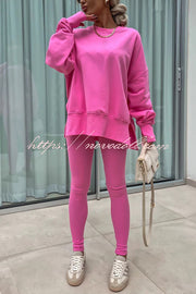 Solid Color Loose Long Sleeve SlitSweatshirt and Elastic Waist Tight Pants Set