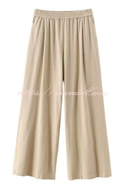 Solid Color Loose Casual Shirt and Elastic Waist Pocket Wide Leg Pants Set
