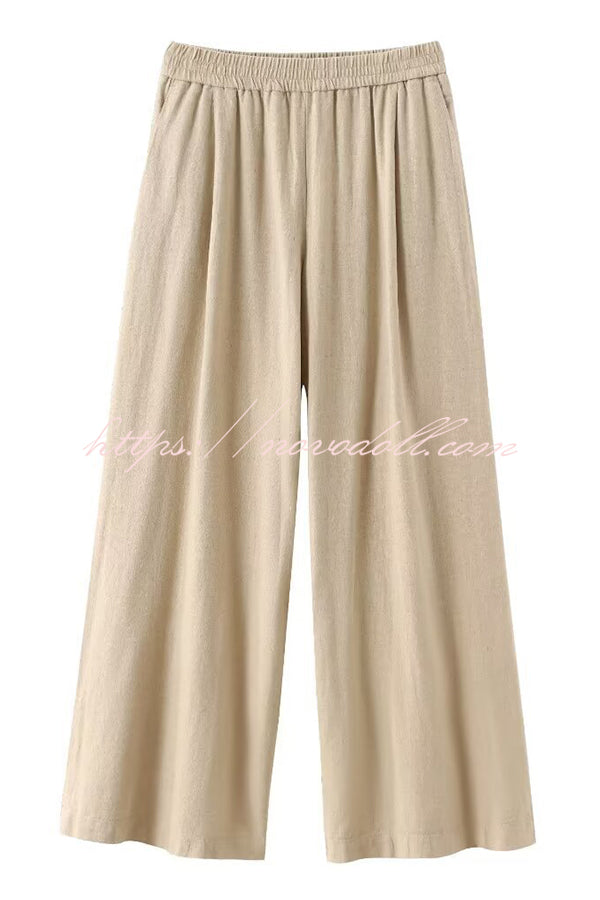 Solid Color Loose Casual Shirt and Elastic Waist Pocket Wide Leg Pants Set