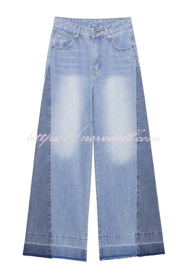 Ellison Denim Side Colorblock High Rise Pocket Wide Leg Jeans