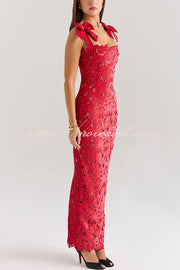 Holiday Intimacy Embroidered Floral Lace Bow Shoulder Straps Slit Maxi Dress