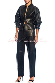 Pop of Brown Faux Leather Double Zipper Detail Balloon Sleeve Lapel Jacket