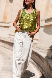 Fashionable Sequined Round Neck Sleeveless Loose Vest