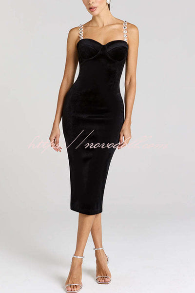 Harley Luxurious Velvet Fabric Jewel-embellished Shoulder Straps Midi Dress