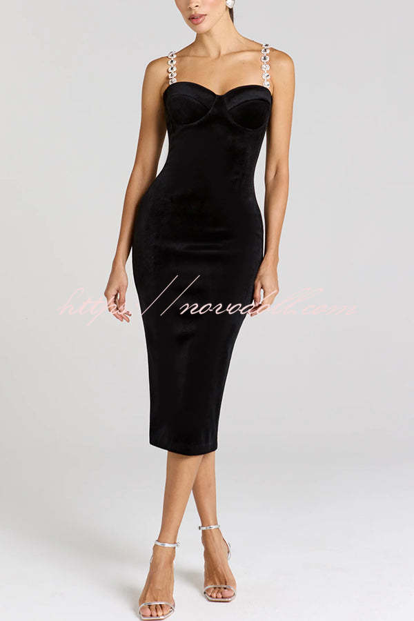 Harley Luxurious Velvet Fabric Jewel-embellished Shoulder Straps Midi Dress