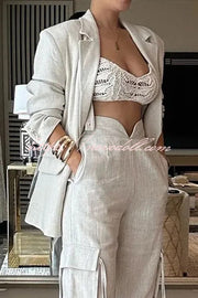 Stylish Lapel Long Sleeve Loose Jacket and Casual Pocket Lace-up Straight Leg Pants Set