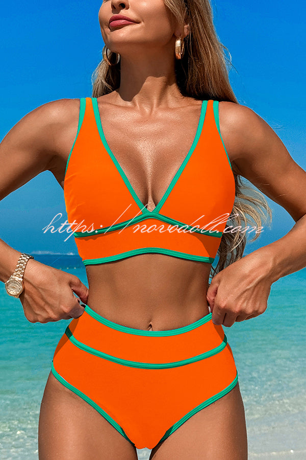 Solid Color Contrast High Waist Stretch Bikini Swimsuit