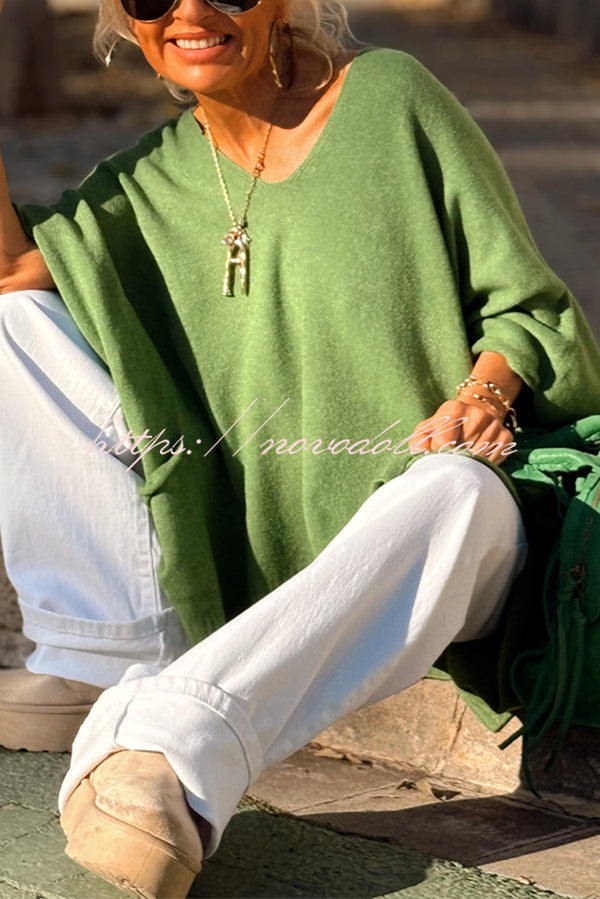 Fashion V-neck Loose Pocket Mid-length Knitted Sweater