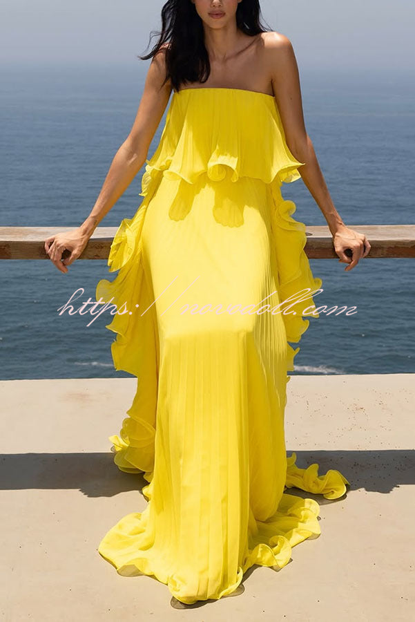 Reina Chiffon Pleated Wavy Ruffles Trim Strapless Loose Maxi Dress