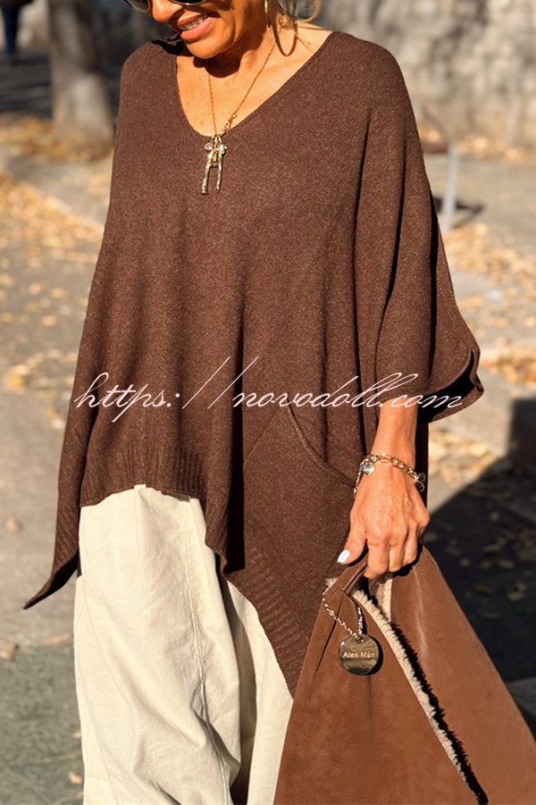 Fashion V-neck Loose Pocket Mid-length Knitted Sweater