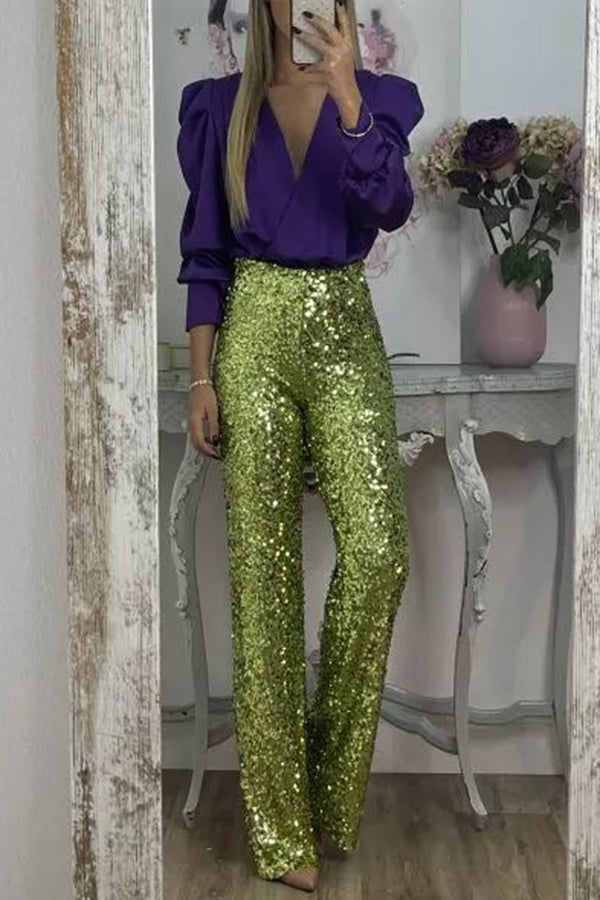 Glitzy Glamour Sequin High Rise Elastic Waist Wide Leg Pants