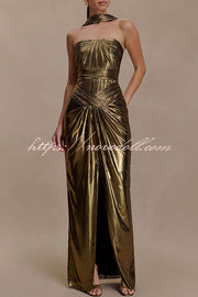 Clemence Plisse Metallic Fabric Reverse Halter Beck Strap Drape Slit Maxi Dress