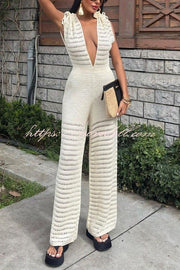 Solid Color Knitted V-neck Holiday Hollow Casual Jumpsuit