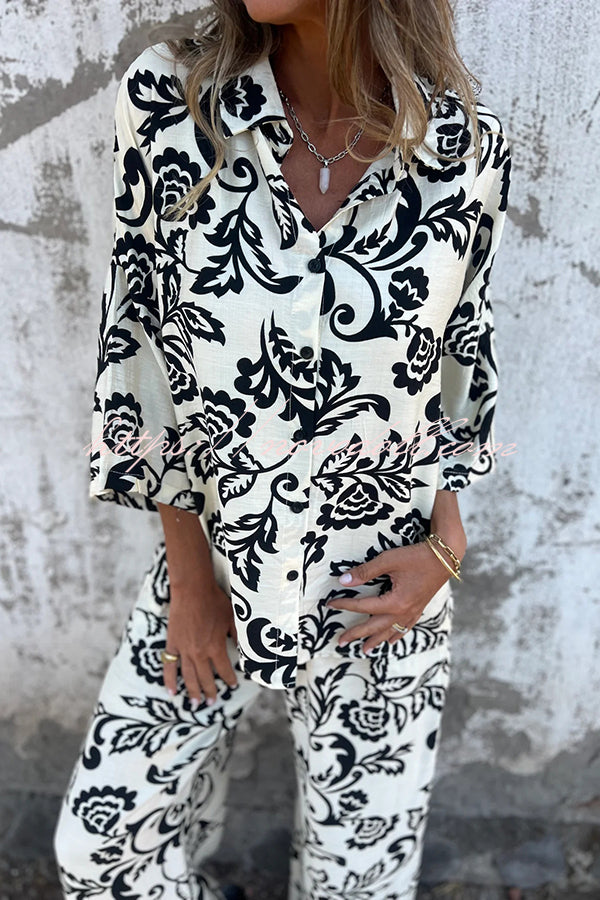 Linen Blend Unique Print Long Sleeve Loose Shirt and Elastic Waist Tie Pocket Pants Set