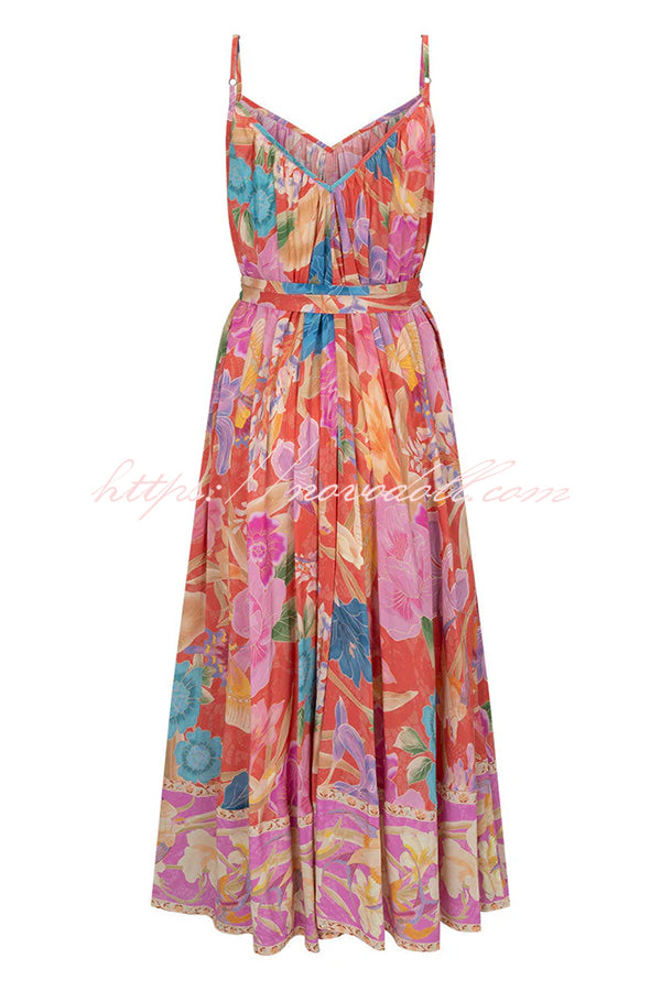 Painter's Garden Boho Floral Print Strappy A-line Maxi Dress