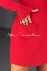 Anna Sparkling Gemstone Trim Heart Pocket Long Sleeve Mini Dress