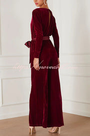 Love One Another Velvet Bow Belted Pocket Cutout Back Loose Jumpsuit