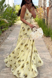 Sunset Glow Floral Print V-neck Thin Straps Flare Hem Maxi Dress